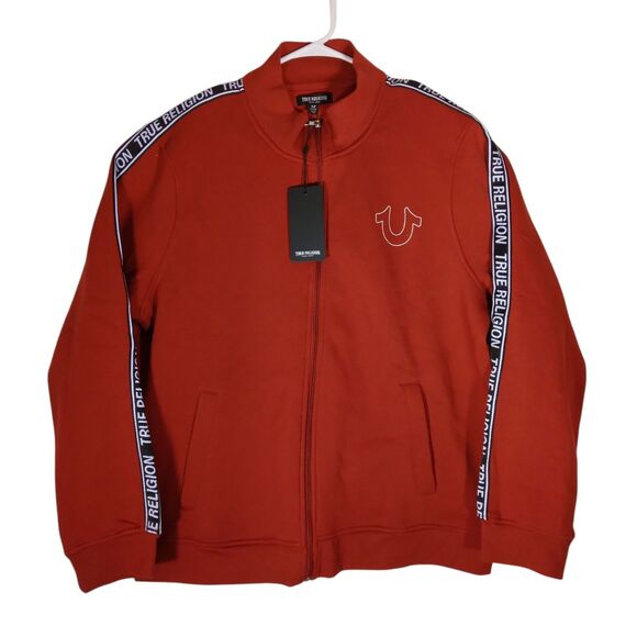 True Religion track jacket mens XL Xlarge maroon red logo trim full zip mock - Picture 1 of 9
